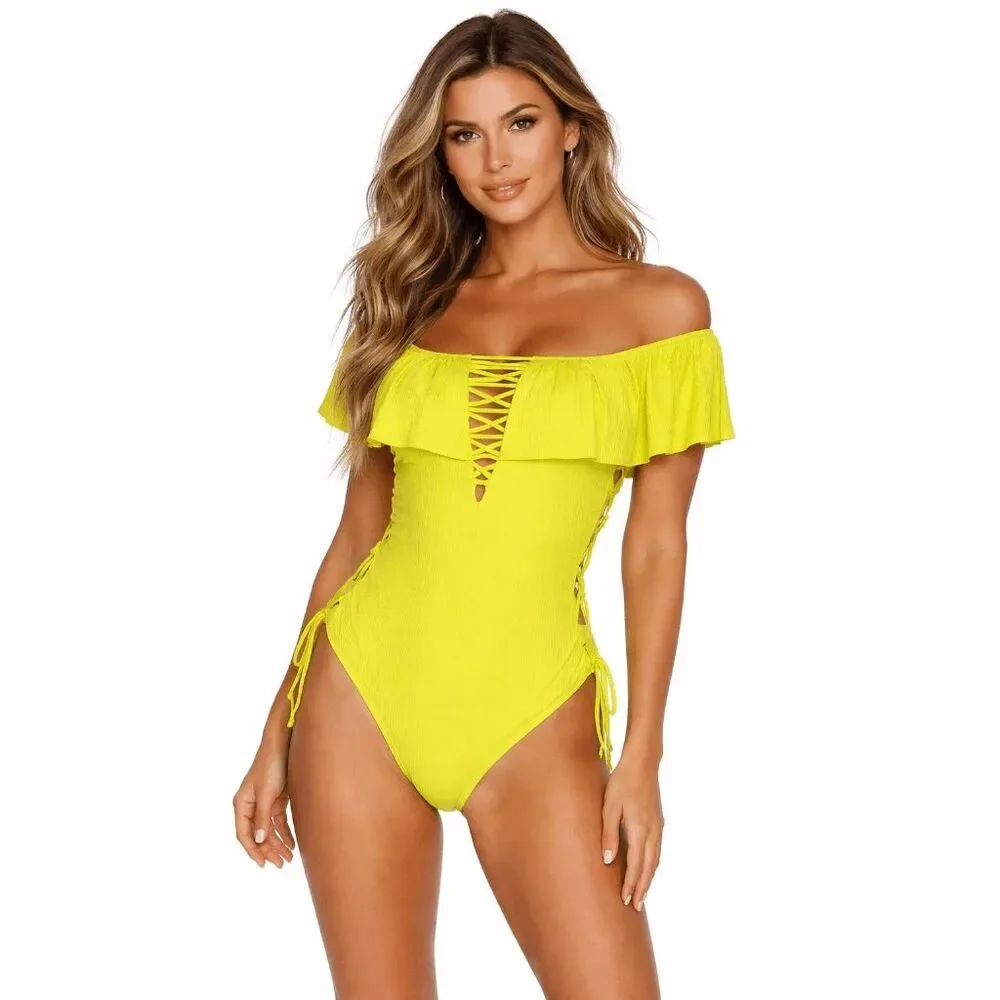 TiniBikini One Piece Ruffle Off the Shoulder Cuttout Neon Yellow Swimwear Size L